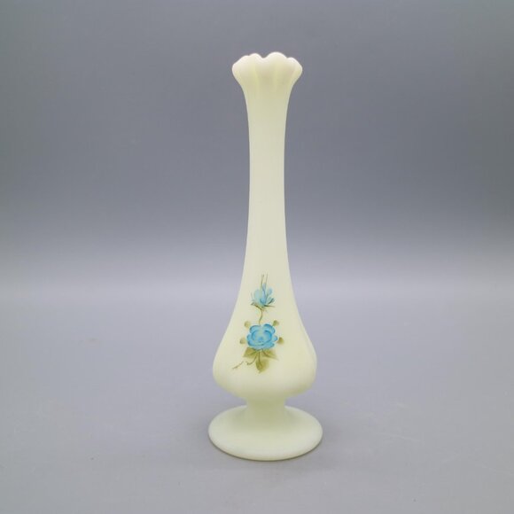 Fenton Yellow Satin Custard Glass Hand Painted Bud Vase Blue Satin Roses Signed - Picture 3 of 9